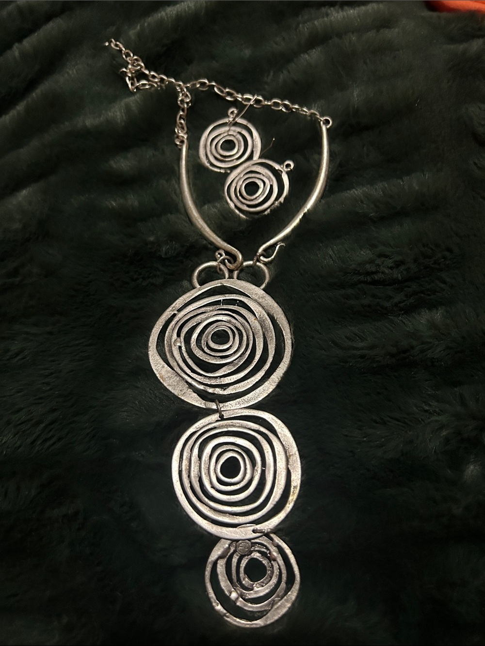 Silver Spiral Statement Necklace and Earrings Set - Women Jewelry